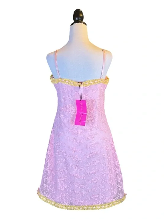 Betsey Johnson NWT Coquette Dollette Pink Gold Floral Lace Bow Slip Mini Dress L - Picture 3 of 9